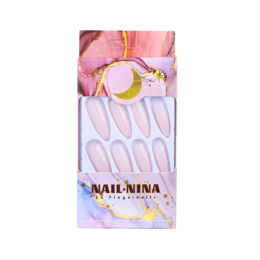 24PC/Box Artificial Nails With Glue Milky White Pink Gradients Long Ballet Nail Stick Fake Nail Tips Full Cover Acrylic Hot sell-Nail Inspo