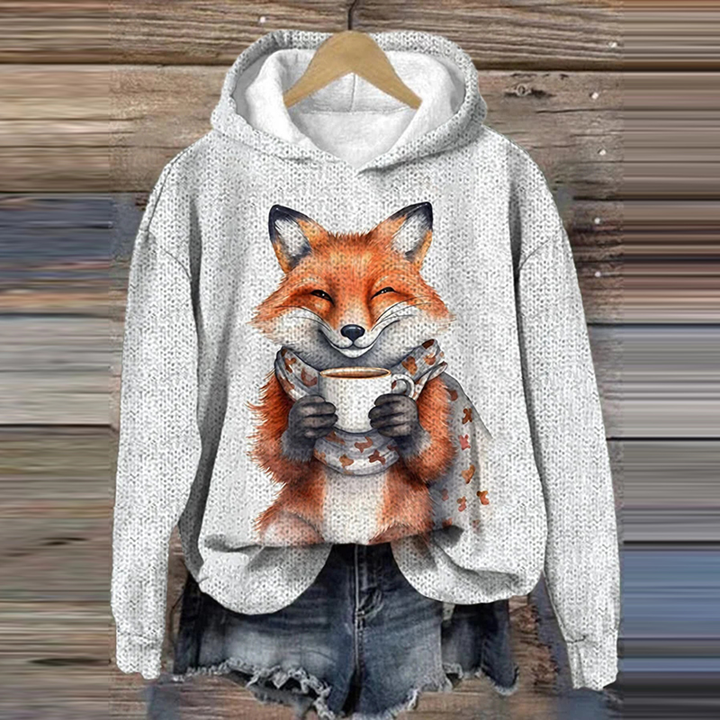 Casual Fox Print Long Sleeve Hoodie artswardrobe