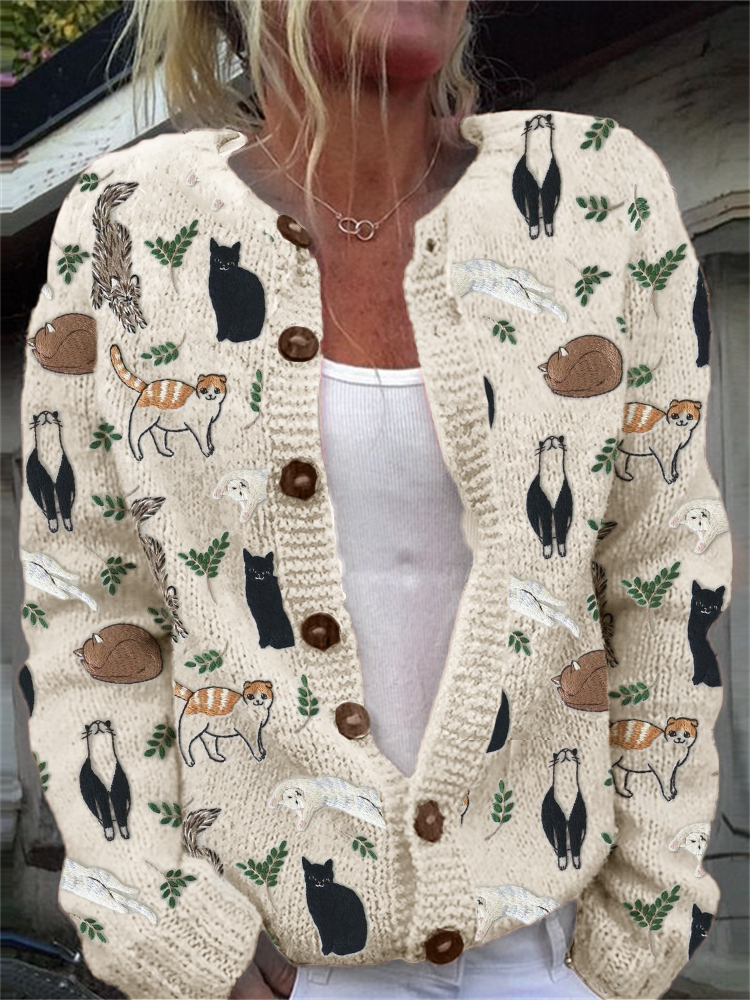 Cats & Leaves Embroidery Pattern Cozy Knit Cardigan wearshes
