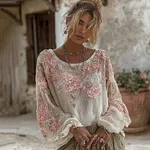 Women's Vintage Floral Embroidered Art Round Neck Blouse - Image 2