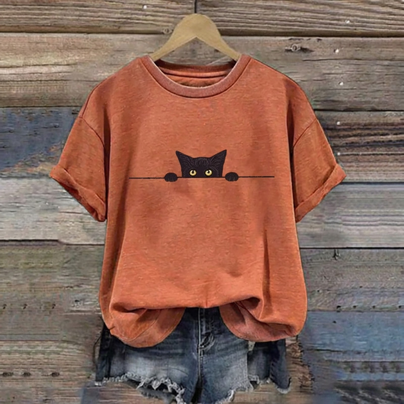 Abstract Creative Black Cat Graphic Casual T-shirt elevenforest