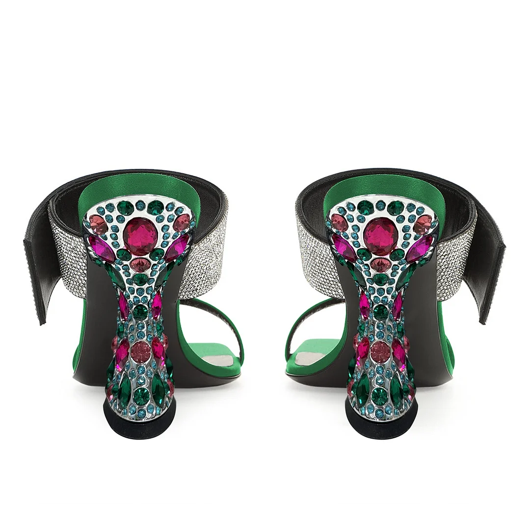 Satin Rhinestone Embellished Decorative Heel Green Mules for Women