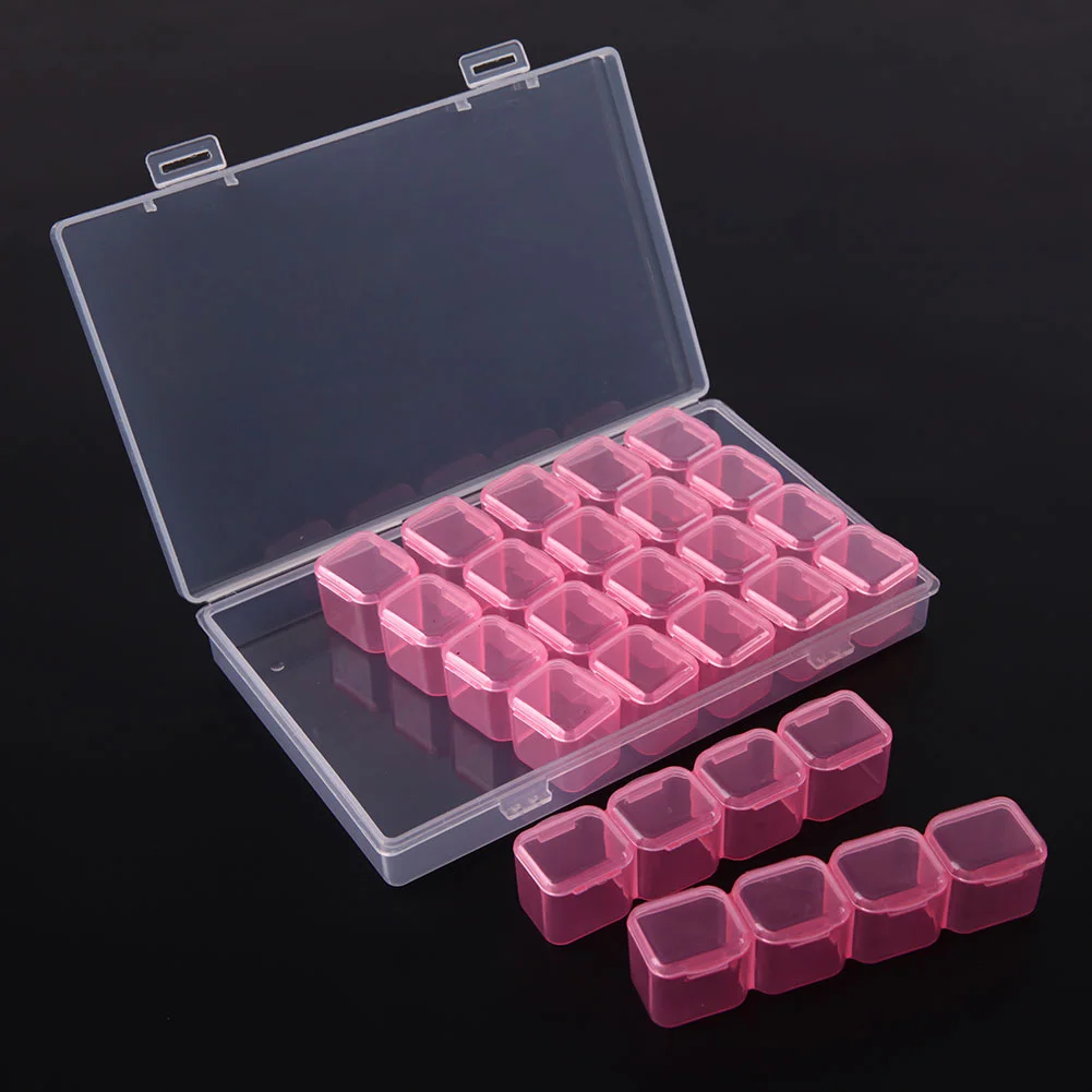 28 Grids Plastic Storage Box Nail Rhinestone Jewelry Display Case(Pink)