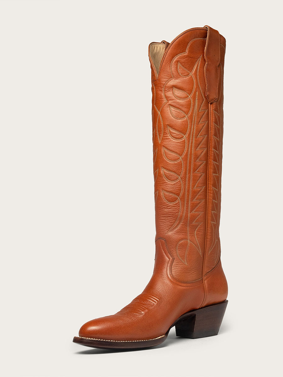 Brown Vegan Leather Embroidered Wide Calf Knee High Cowgirl Boots With Chunky Heels