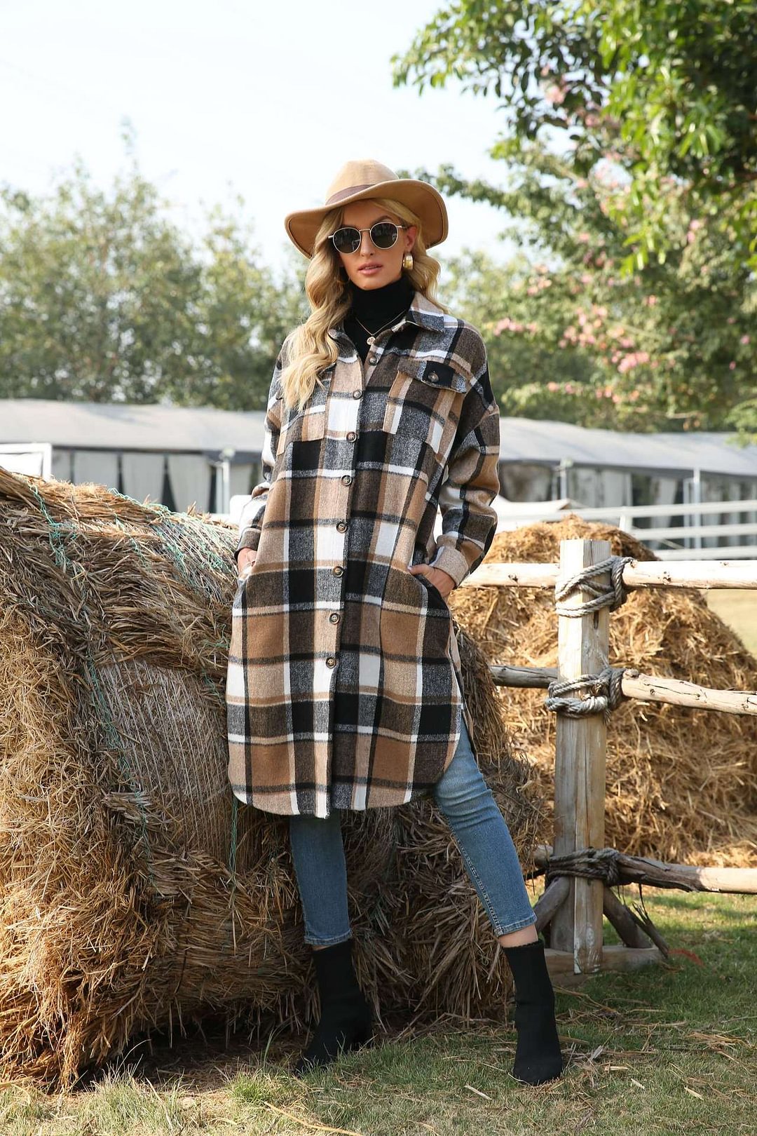 Jacket Women's Windbreaker Side Slit Lapel Loose Woolen Plaid Coats