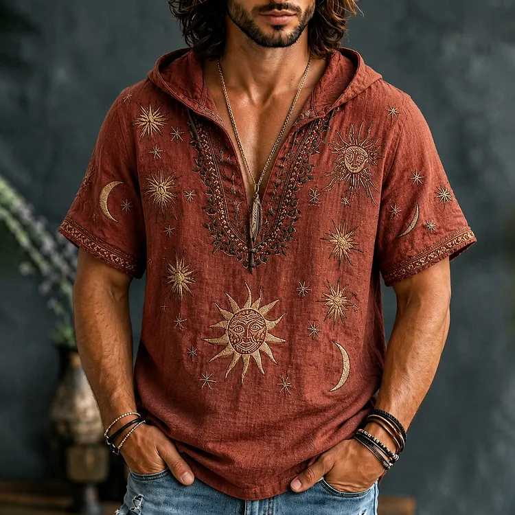 Men's Retro Hippie Sun Face Print Casual Hooded T-shirt