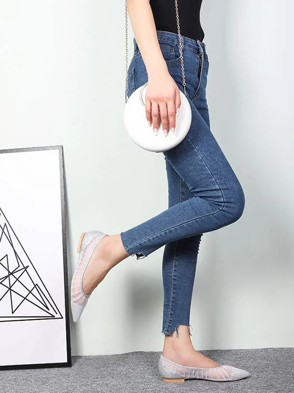 Fashion flat pointed toe low-heel pleated highlights net shoes