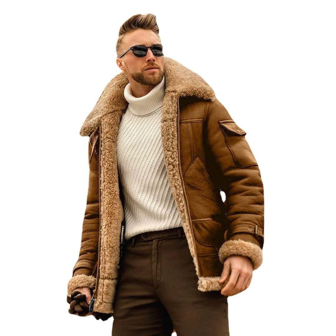 Men's Plus Size Frosted Fleece Plain Composite Leather Jacket Thick Coat Woolen Coat