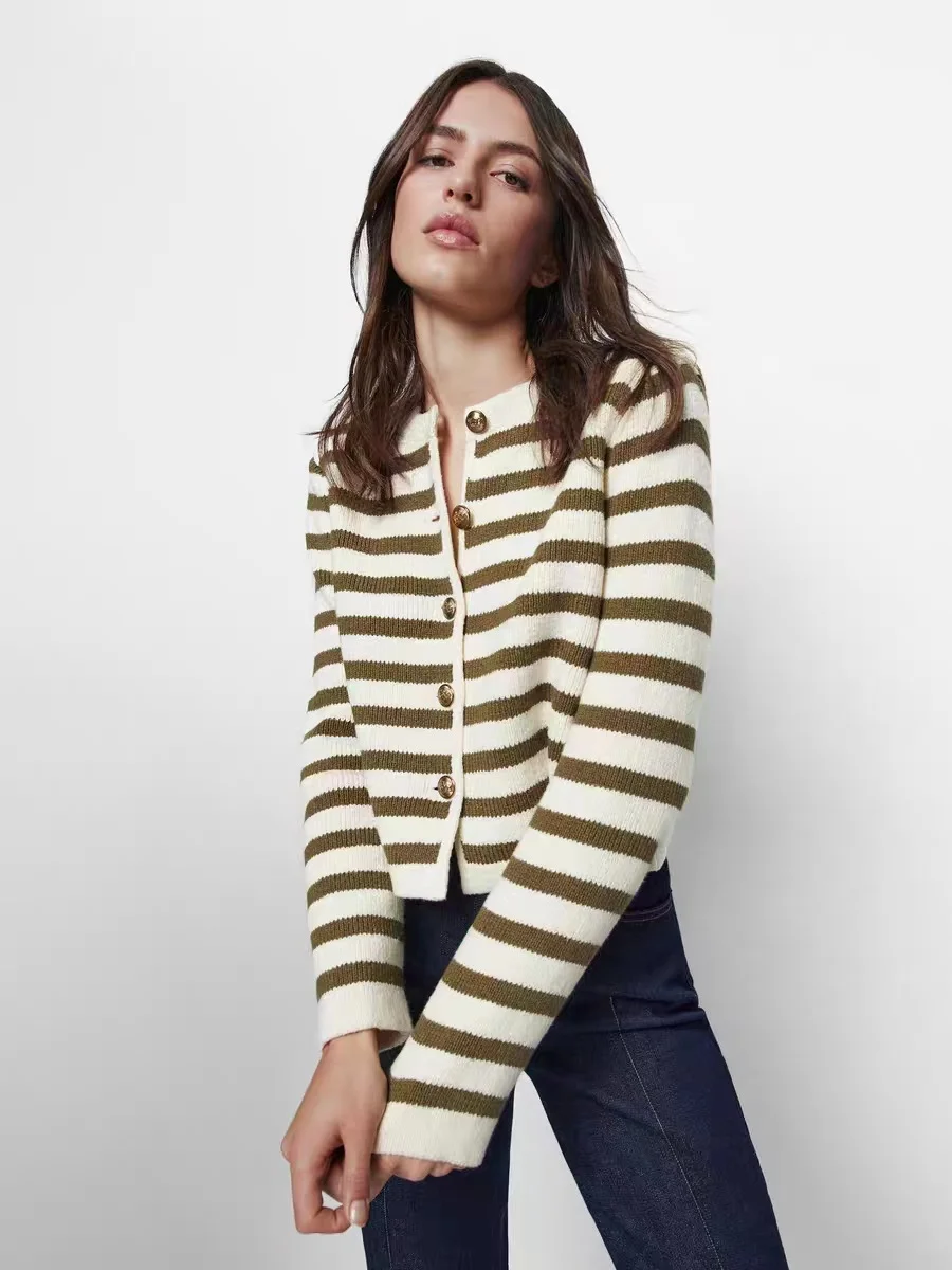 Churchf Churchf Autumn New Temperament Slim Version Of The Buckle Stripe Small Sweet Wind Knitting Cardigan Sweater Short Coat
