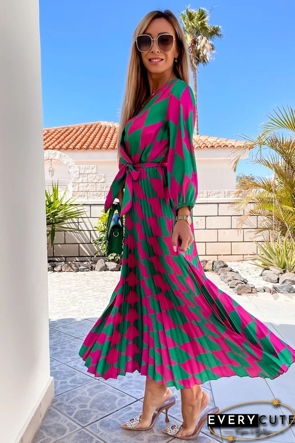 Multicolor Rhombus Contrast Color Block Belted Maxi Dress