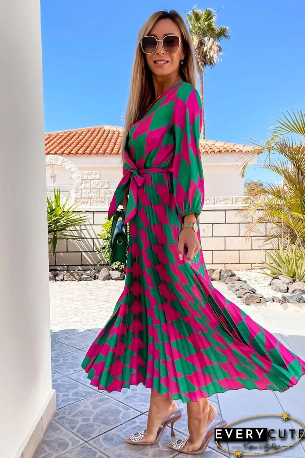 Multicolor Rhombus Contrast Color Block Belted Maxi Dress
