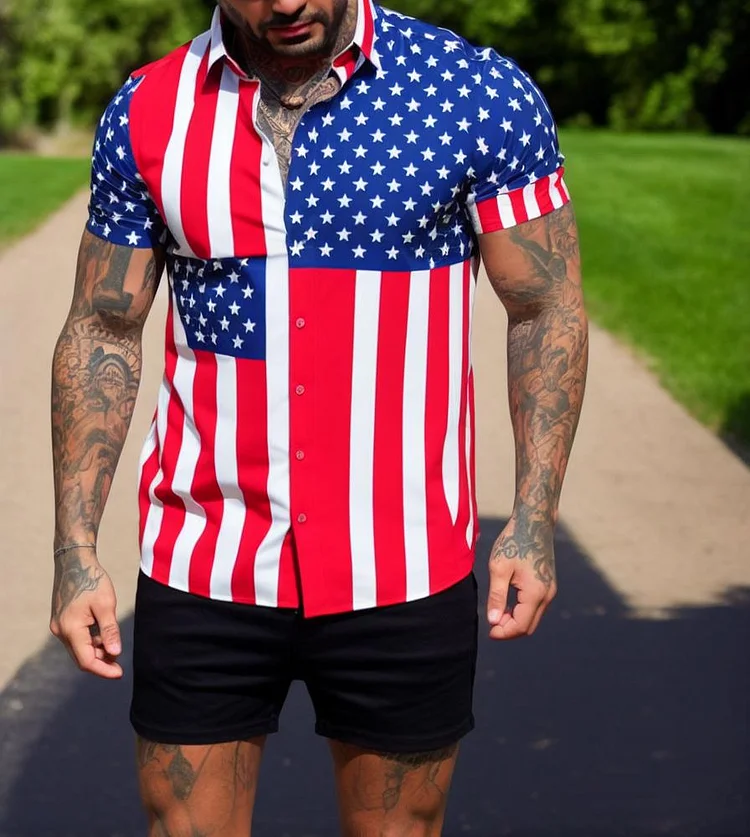 Men's Casual Flag Printed Holiday Short Sleeve Shirt at Hiphopee