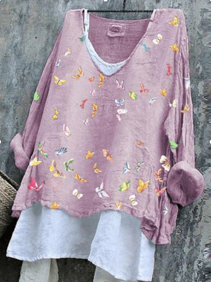 Women's Cotton Hemp Butterfly Flower Printed Two-piece Shirt Set