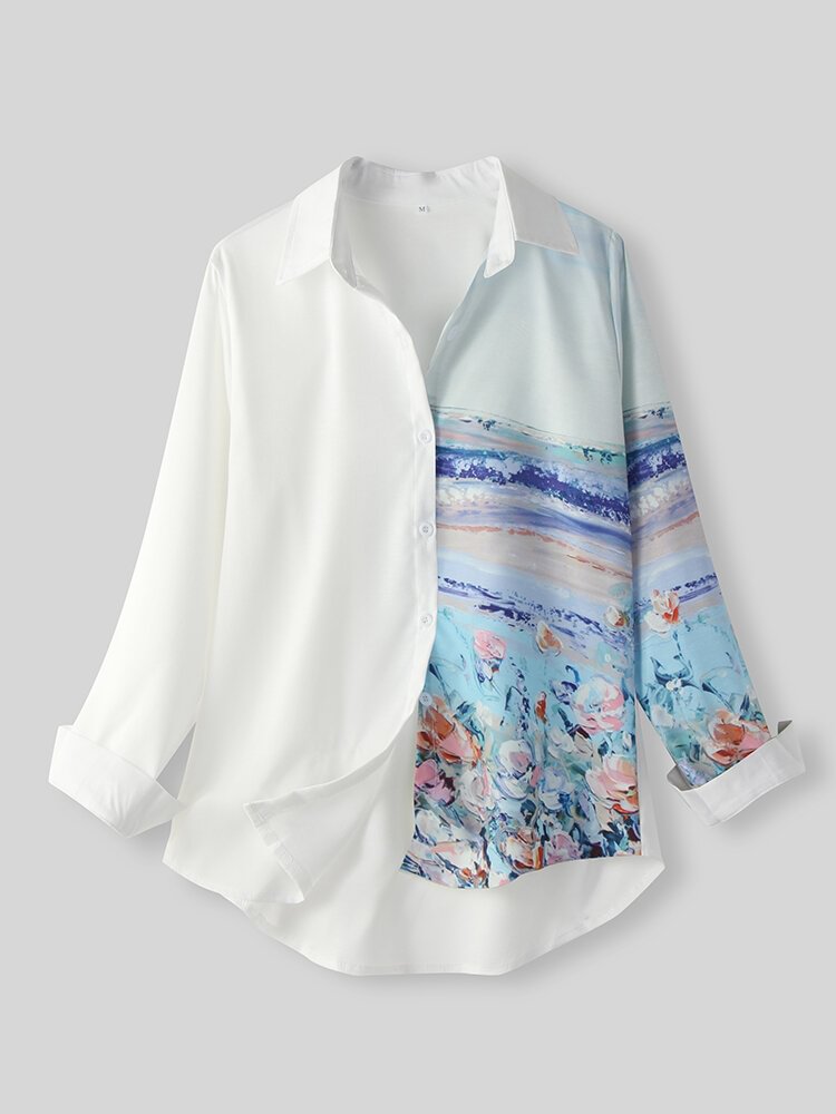 Calico Print Patchwork Button Lapel Long Sleeve Casual Shirt For Women P1799991