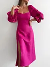 Solid Color Puff Sleeves Split-Side Sexy Slim Midi Dress