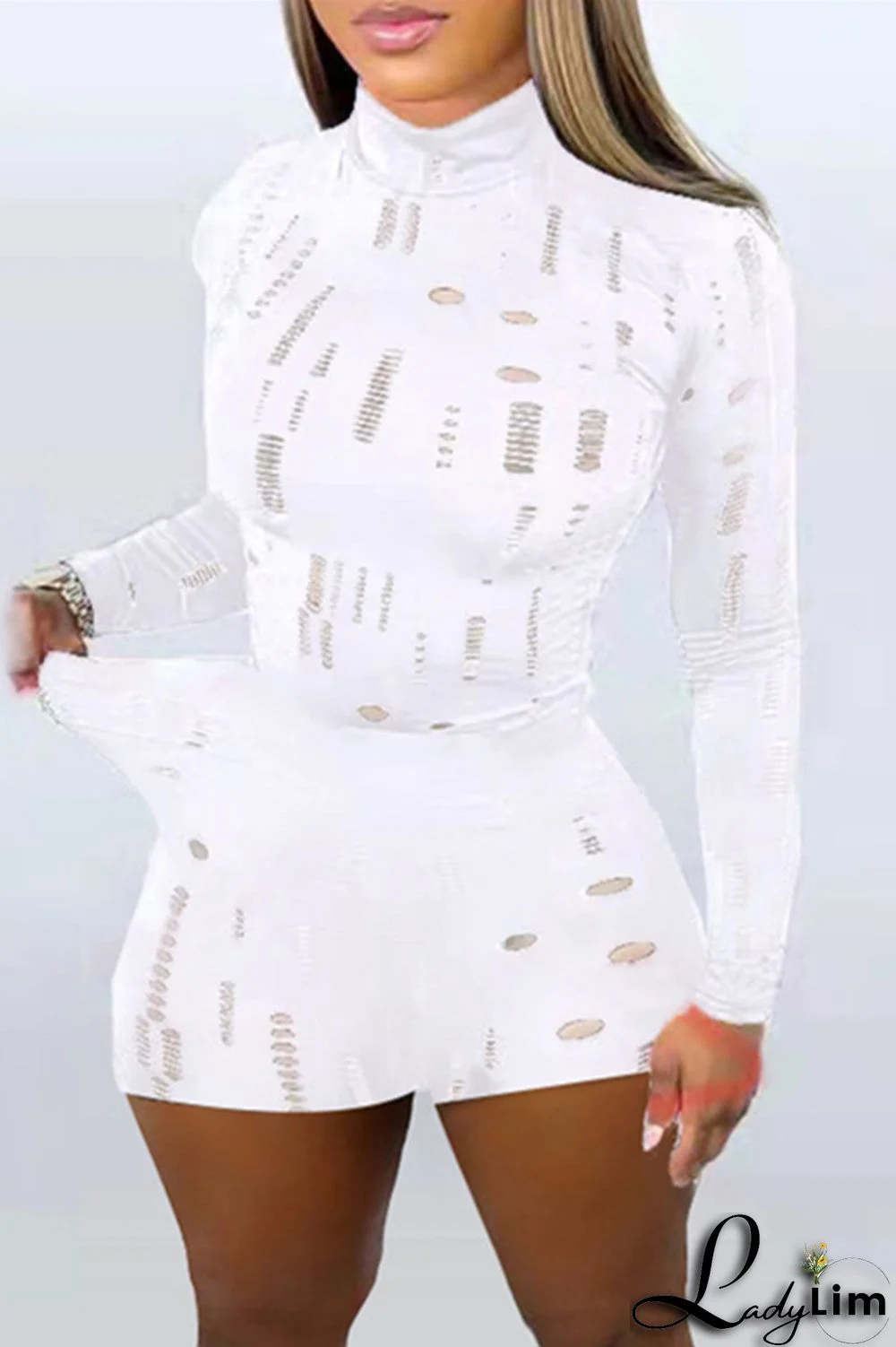 Black Fashion Sexy Solid Ripped Half A Turtleneck Long Sleeve Two Pieces