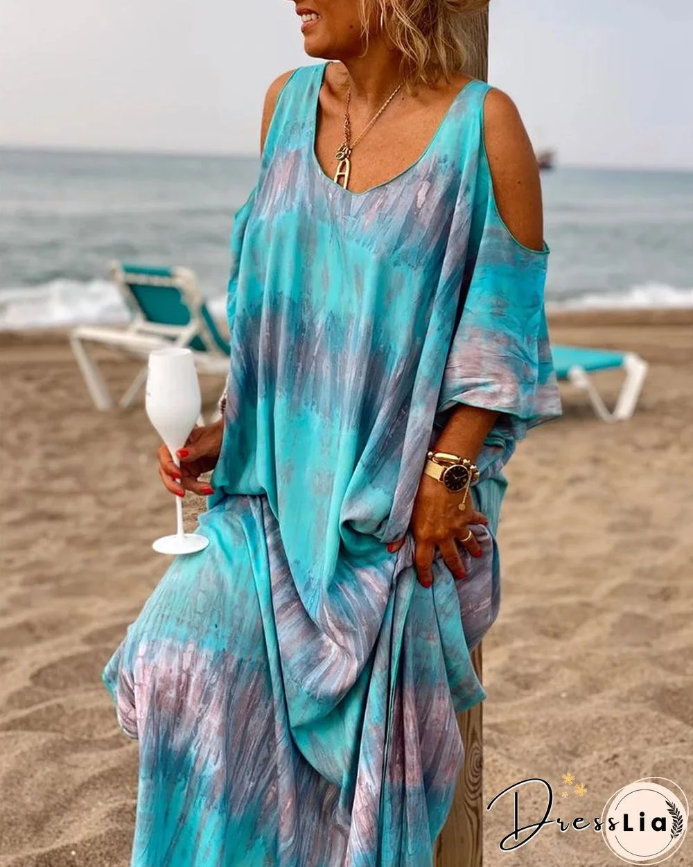 Tie-Dye Print Cold Shoulder Batwing Sleeve Maxi Dress P10008