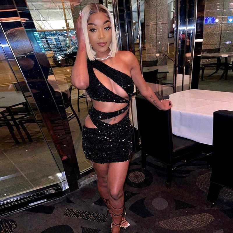 ANJAMANOR Black Sparkly Sexy Dress for Women Birthday Party Night Clubwear Hollow Out One Shoulder Bodycon Mini Dresses D78-CB21