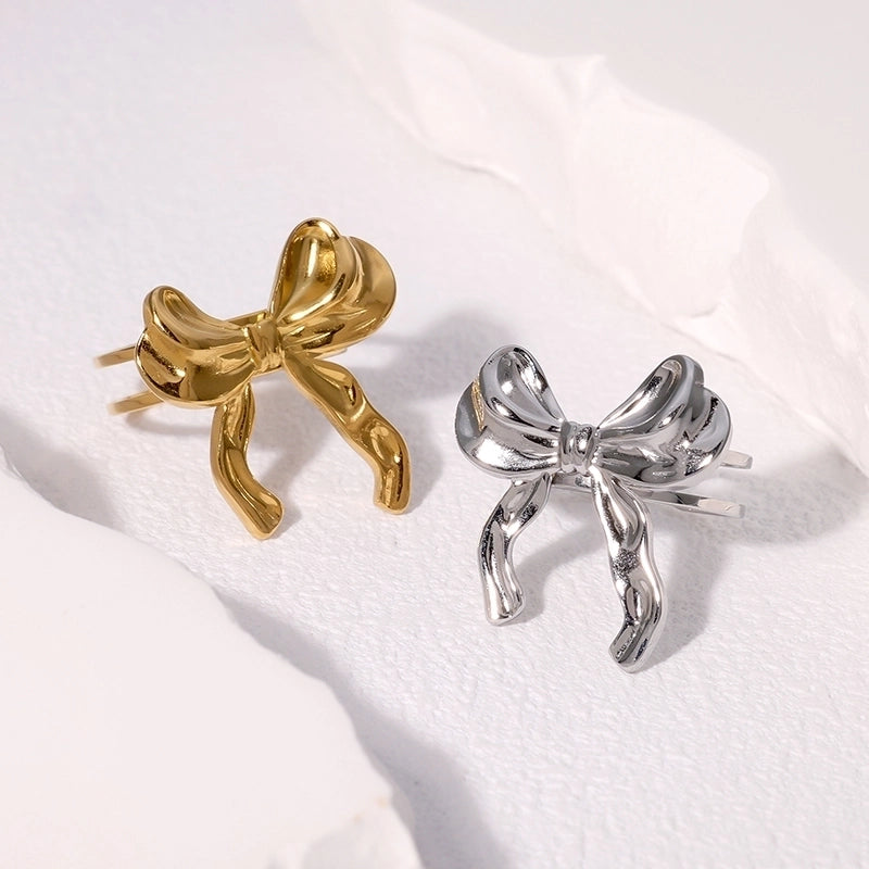Cute Sweet Minimalist Bow Knot 304 Stainless Steel 18K Gold Plated Open Rings