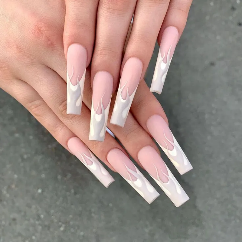 24pcs/set Long Coffin Fake Nails Pre-design Foils Decal Pink Orange Full Cover Nail Art Tips Ballerina Acrylic False Nails 515-1-Nail Inspo