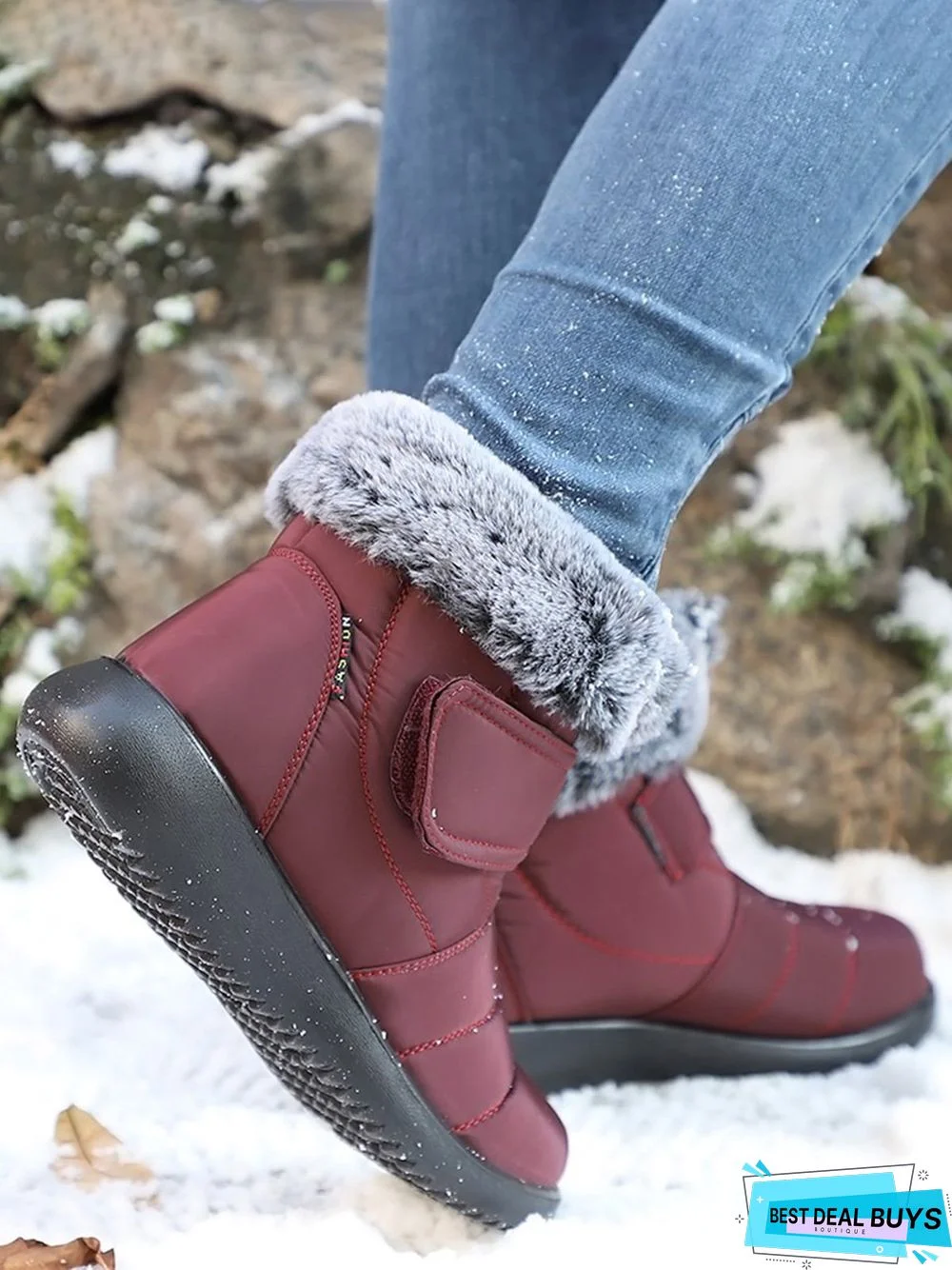 Faux Fur Cuff Snow Boots with Hook and Loop