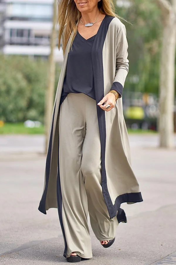 Contrasting Color Sleeveless Vest Long Sleeve Cardigan Jacket Long Pants Three Piece Set