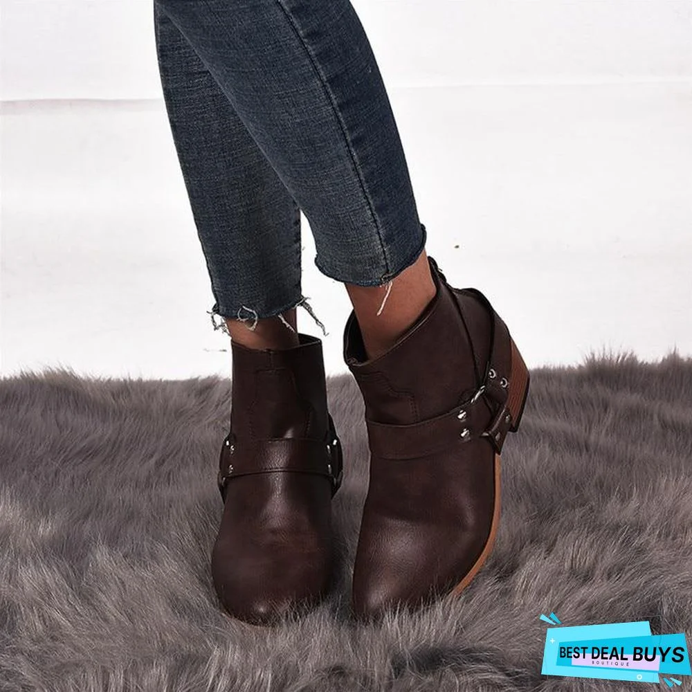 Women Boots Vintage Leather High Heels Shoes Bota Woman Autumn Short Boot Winter Buckle Daily Ankle Boots