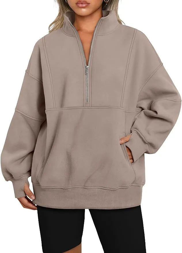 Nigikala Nigikala Women's Pocket Half-Zip Loose Leisure Splicing Collar Plus Velvet