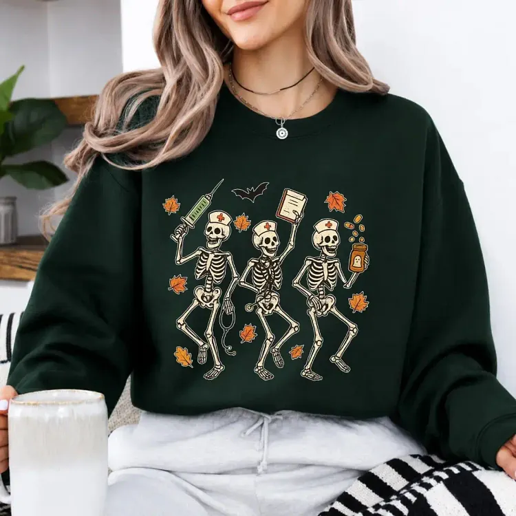 Halloween Funny Dancing Skeleton Nurse Graphic Tshirt, Sweatshirt, Hoodie Cute Top for Women