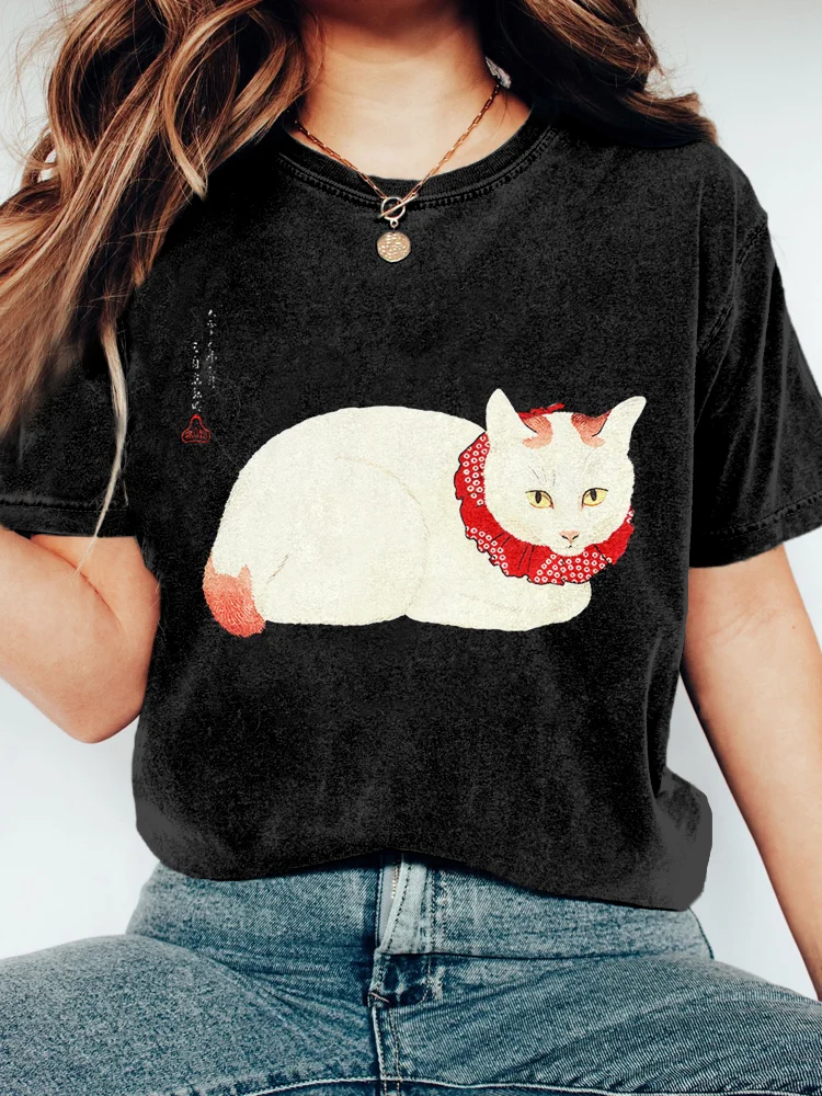 Lovely Japanese Cat Art Vintage Washed T Shirt