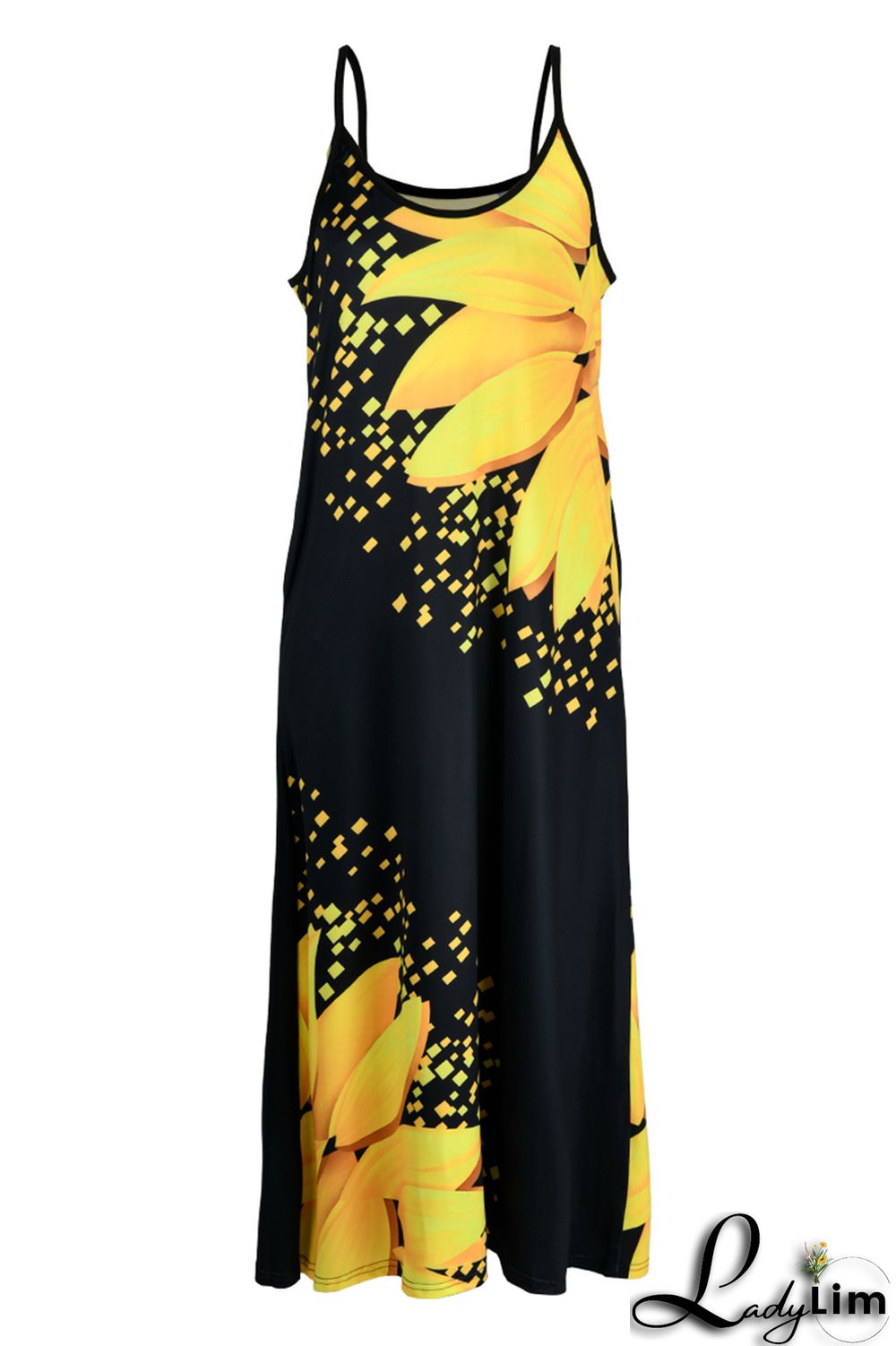 Yellow Fashion Sexy Print Backless Spaghetti Strap Long Dress