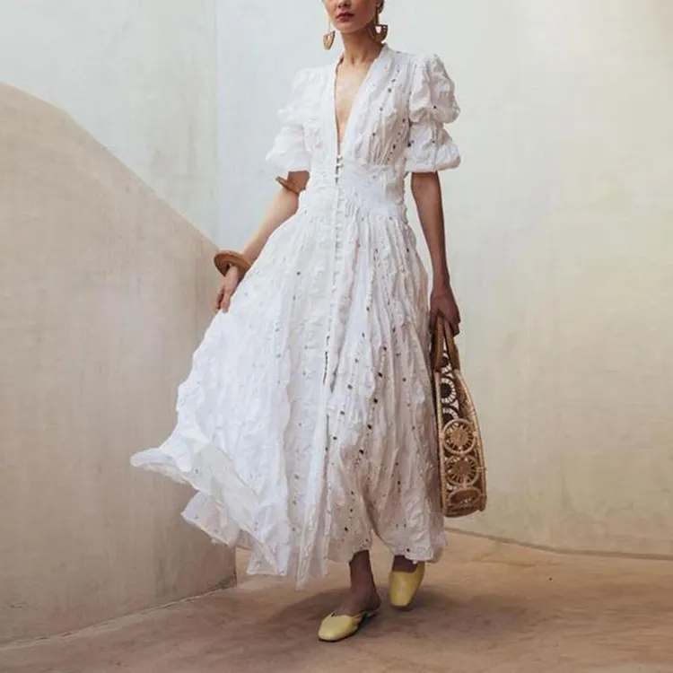 Brownm Brownm 2025 New Women's Wish Deep V Bubble Sleeve Lace Dresses
