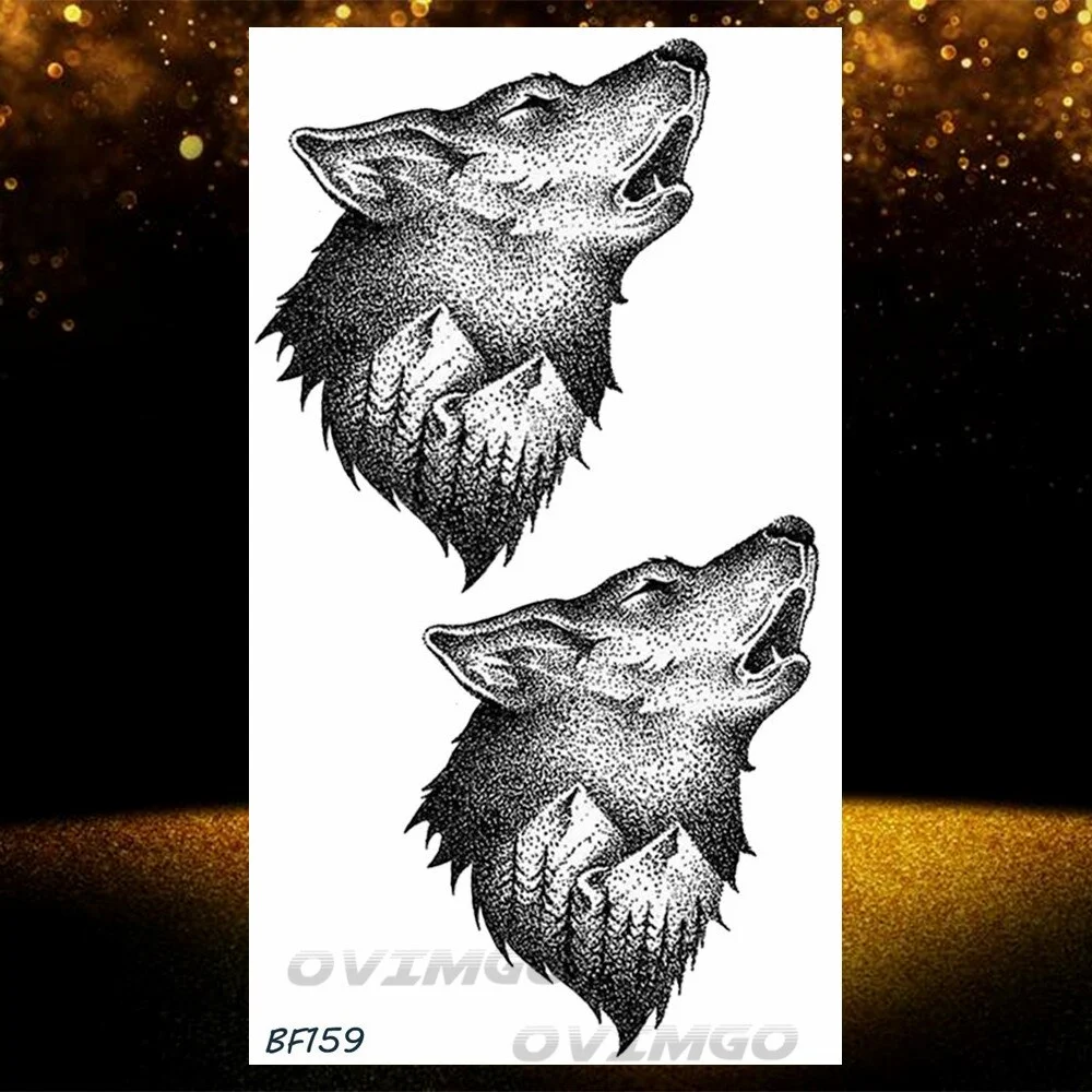 Sdrawing Black Wolf Forest Tribal Feather Tattoos Temporary Sticker Tree Fierce Animal Fake Tattoo For Men Body Art Custom Tatoos