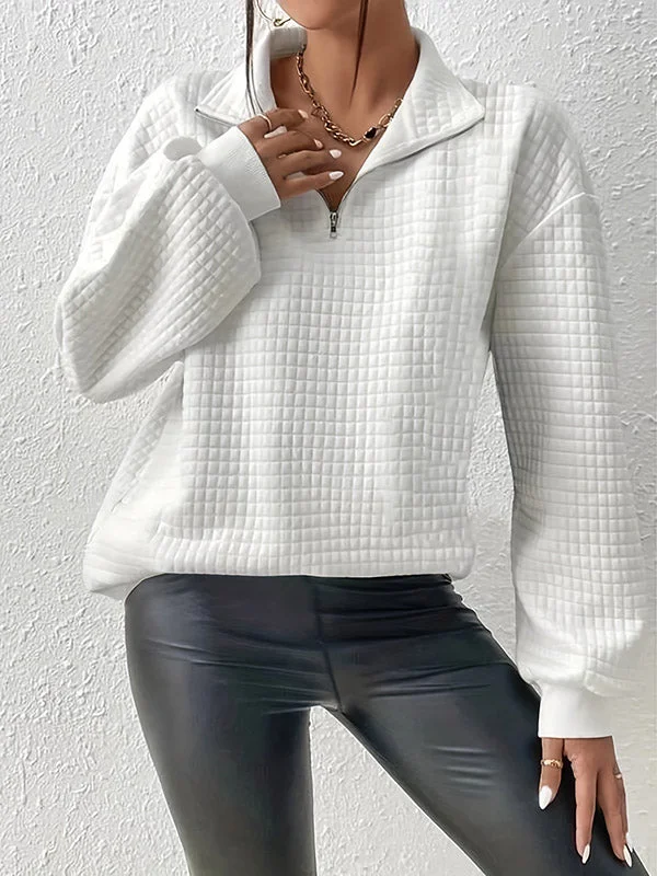 Long Sleeves Loose Waffle Check Zipper Lapel Sweatshirt Tops