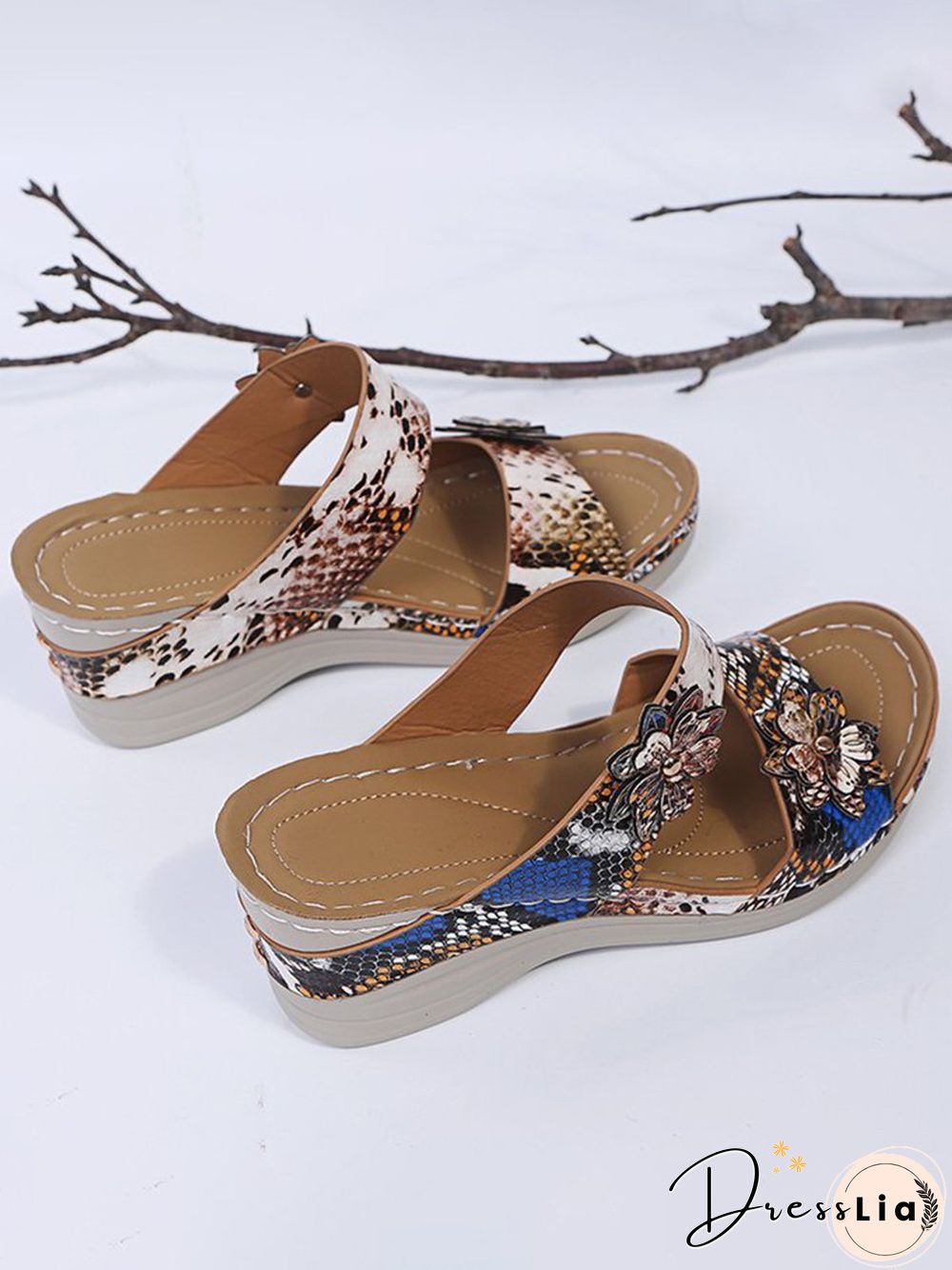 3D Floral Snake Print Wedge Sandals Slippers