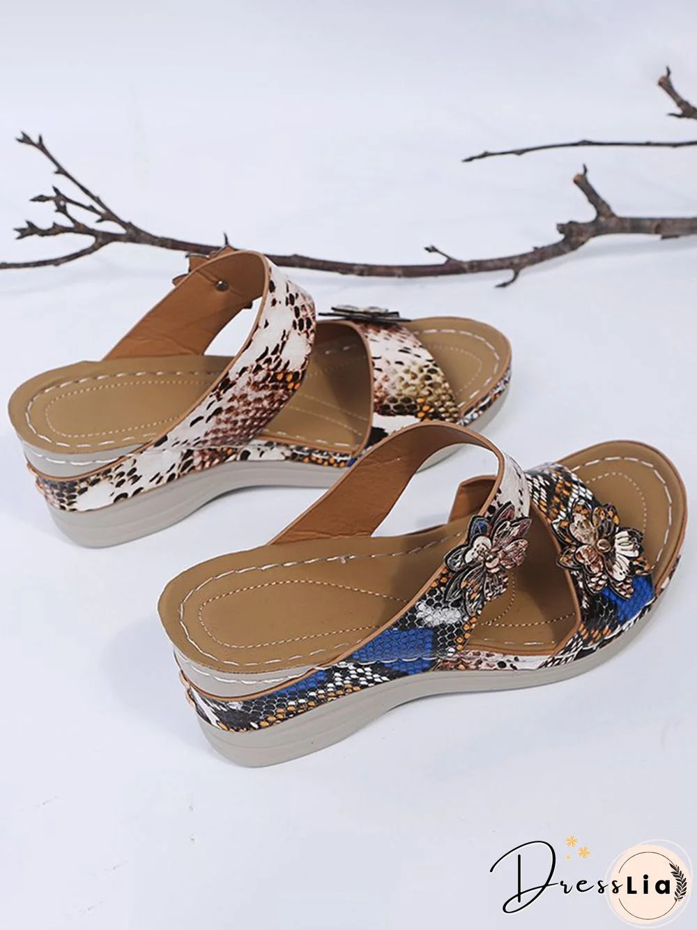 3D Floral Snake Print Wedge Sandals Slippers