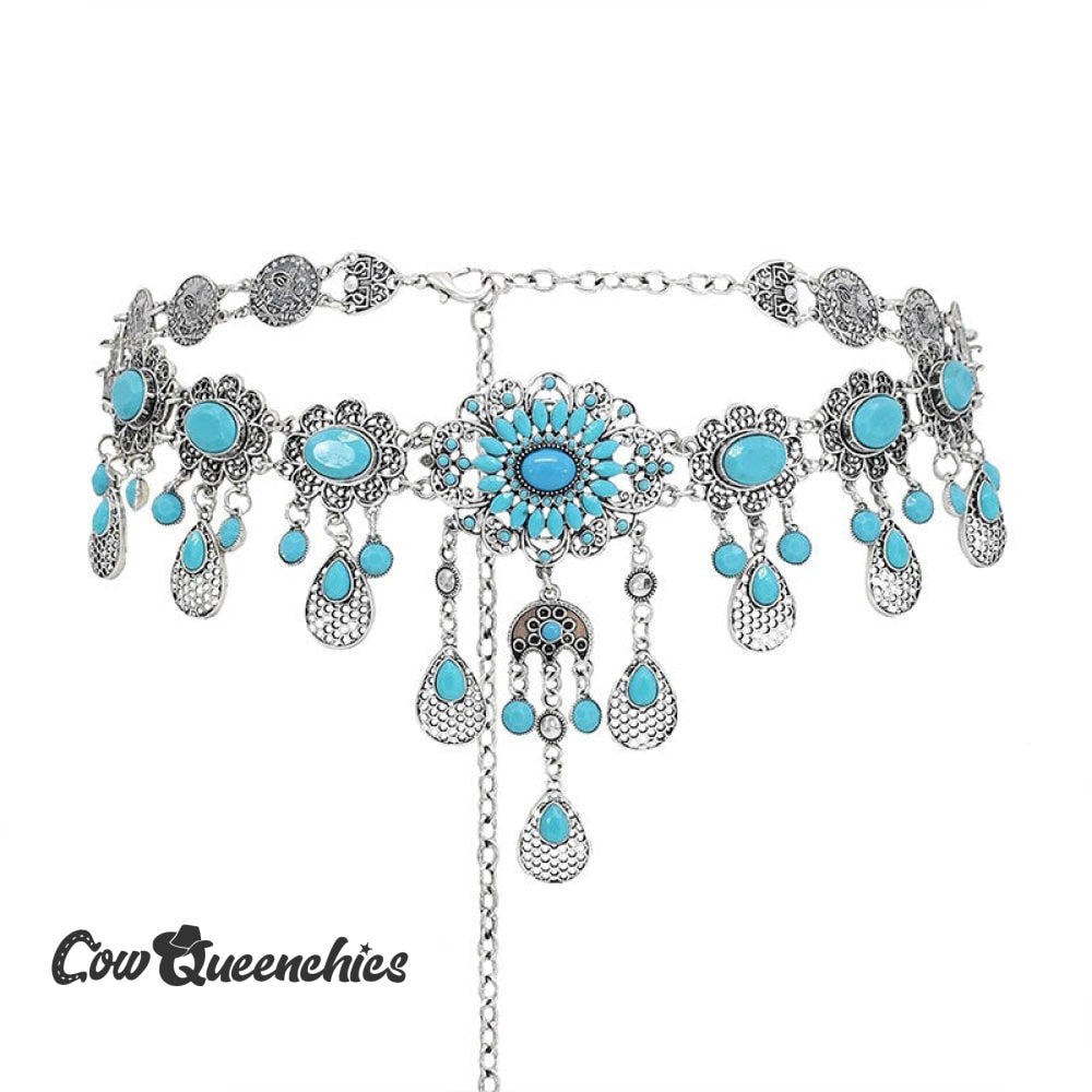 Metal Turquoise Tassel Floral Teardrop Belt Blue / One-Size