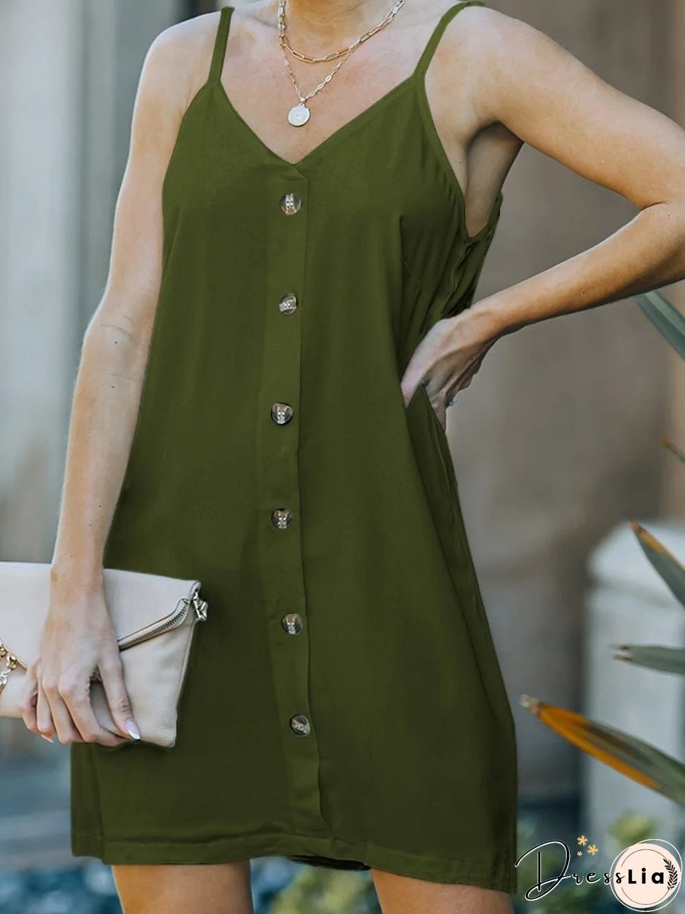 Green V-Neck Buttoned Mini Dress