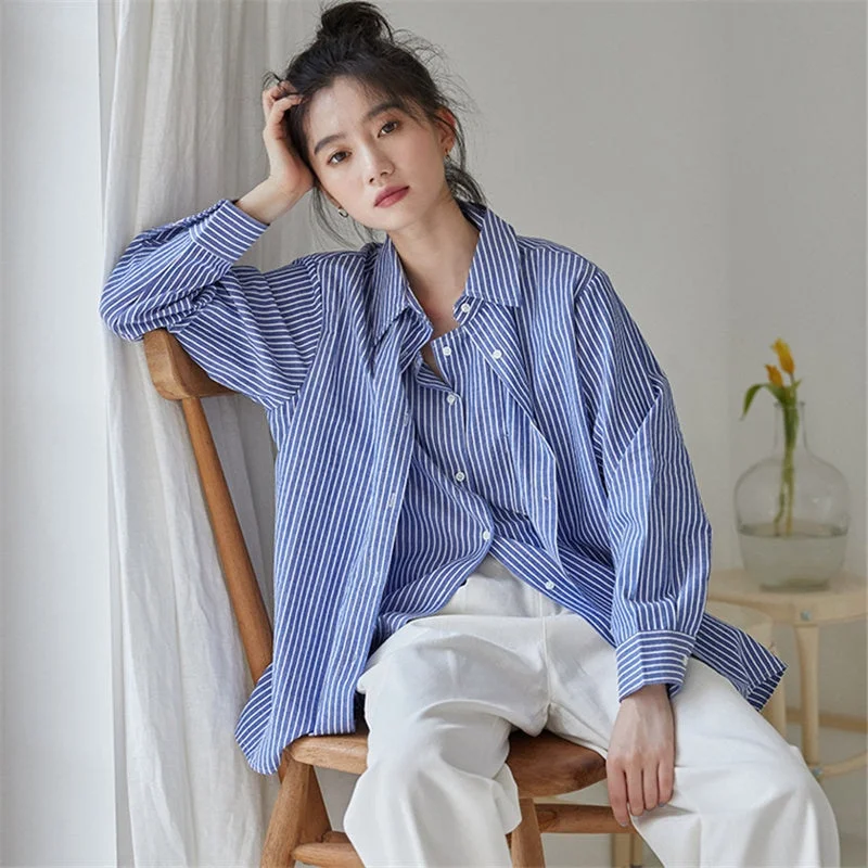 Christmas Gift Casual Fresh High Quality Striped Women 2021 Hot Korean Blouses Leisure Fashion Gentle OL All Match Chic Loose Shirts