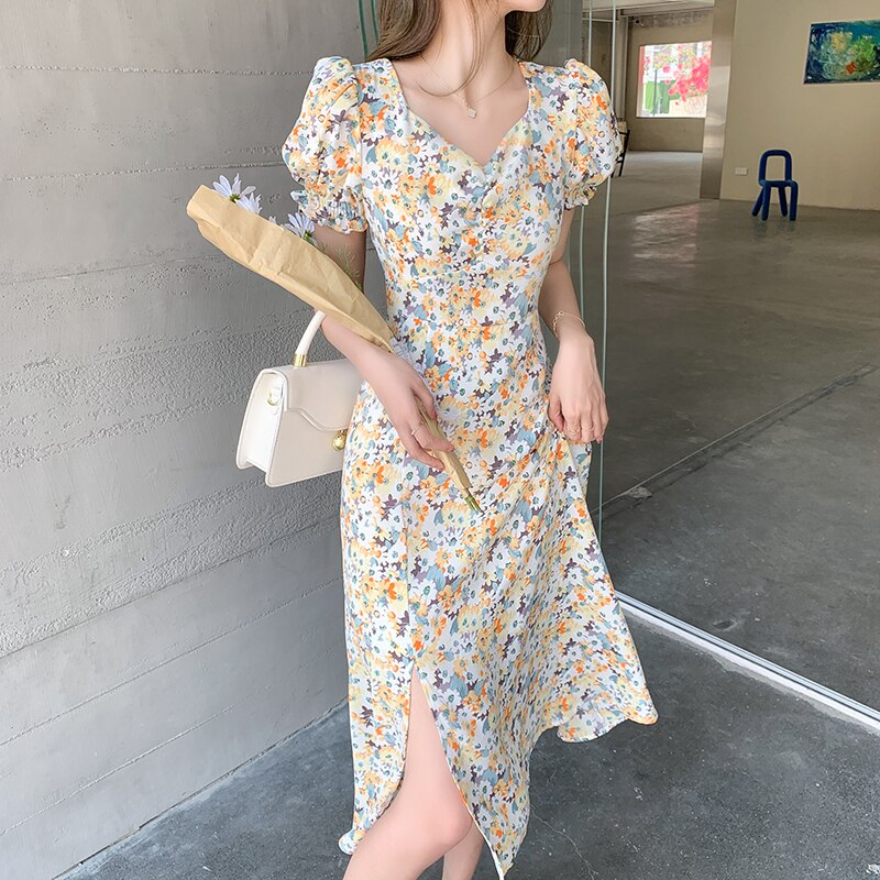 Woman Dress 2021 Summer New Short-sleeved V-neck Long Dress French Split Floral Dress Female Midi Chiffon Dress Women's Clothing aliexpress Money