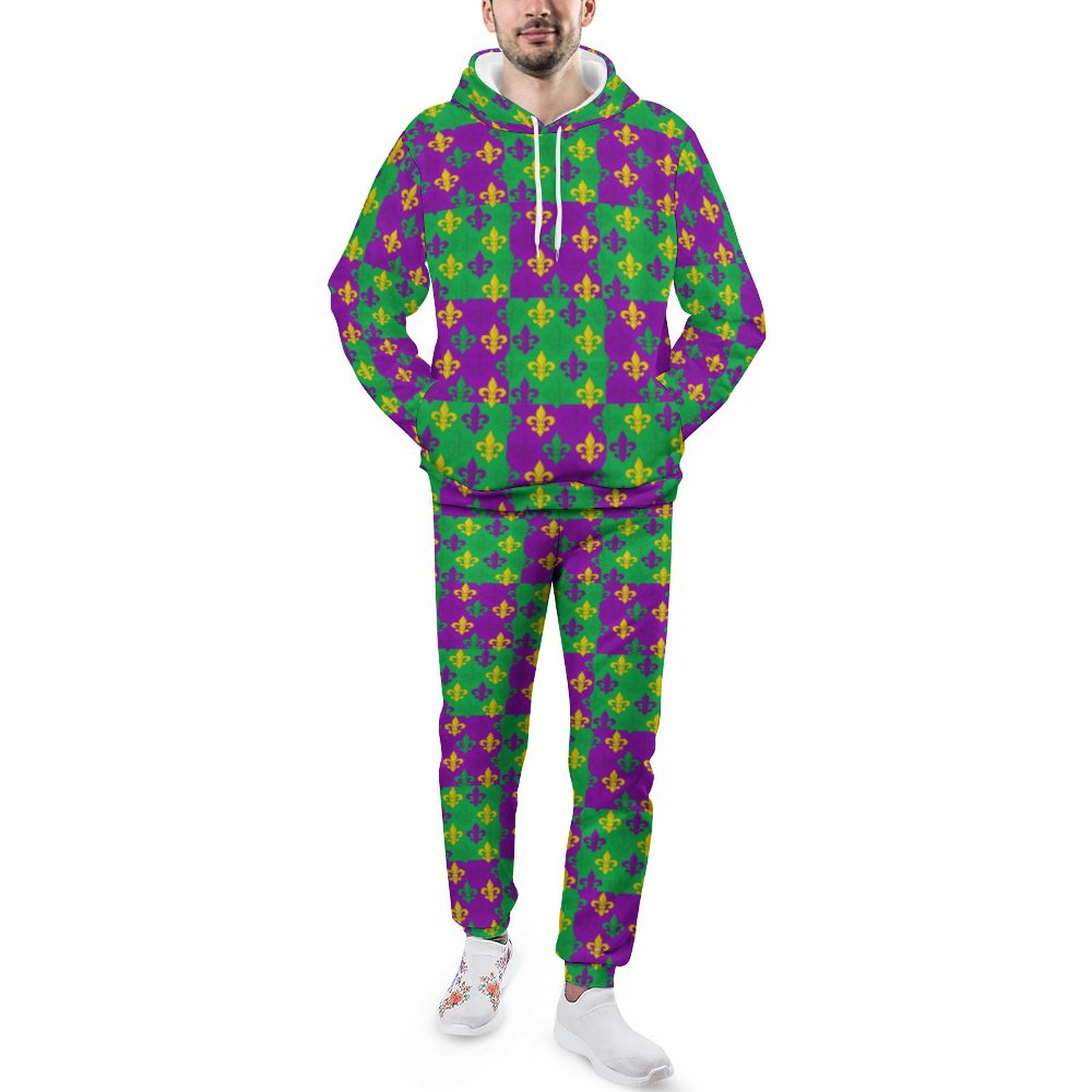 Mardi Gras Fleur De Lis Checkered Pattern Men's Sweatsuits Set Casual Athletic Pullover And Sweatpants Suit Outfit