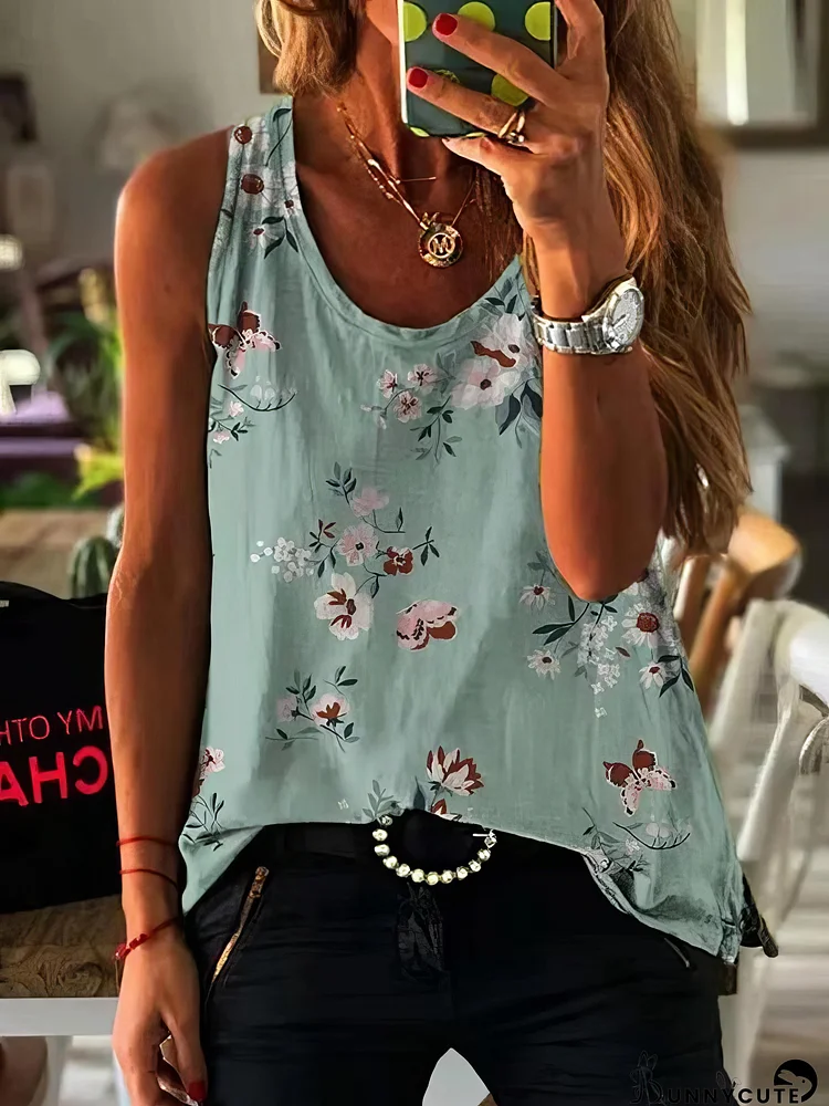 Loose Printed Crew Neck Tank Tops