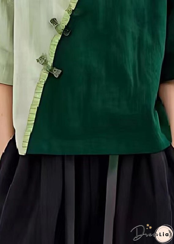 Green Patchwork Linen Blouses Chinese Button Wrinkled Summer