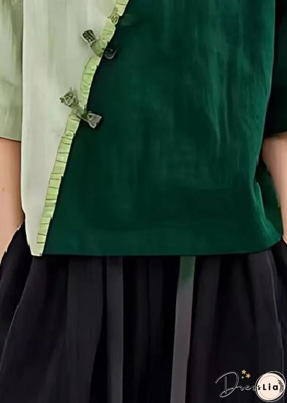 Green Patchwork Linen Blouses Chinese Button Wrinkled Summer