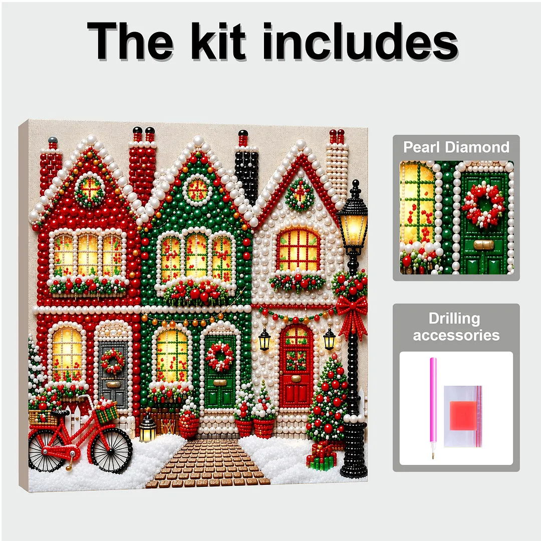 Framed Pearl Dot Painting Kit Holiday Houses 7.87x7.87in