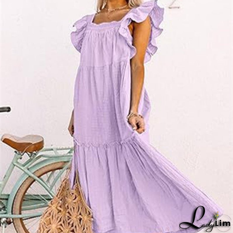 Square Collar Off-the-Shoulder Pleated Dress for Women