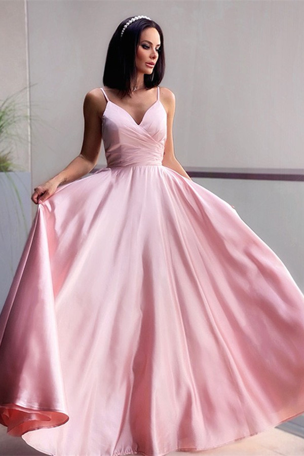 Bellasprom Blushing Pink V-Neck Long Prom Dress Spaghetti-Straps Bellasprom