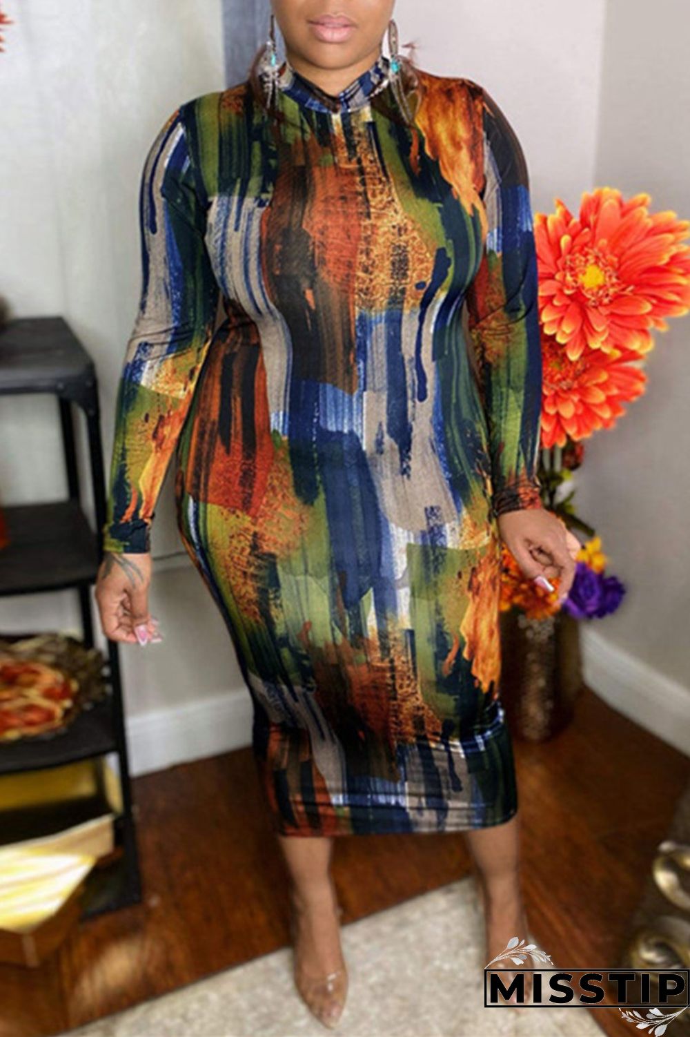 Multicolor Fashion Casual Print Basic O Neck Long Sleeve Plus Size Dresses