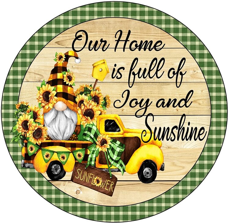 30*30cm - Gnome Sunflower Wreath - Round Tin Signs/Wooden Signs