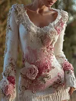 Elegant Boho Roses Fiber Art Cozy Knit Sweater Mini Dress
